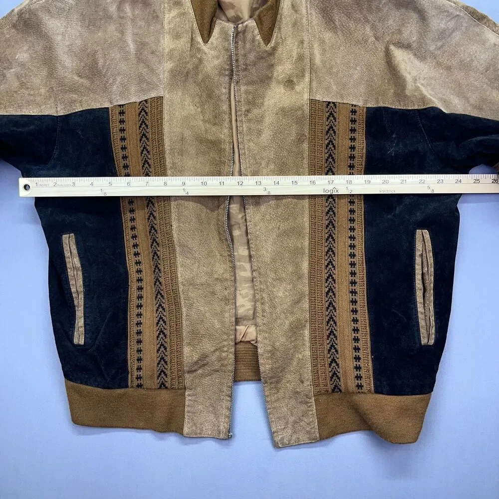 Vintage Tuskany Leather brown black patch pattern bomber jacket XL‎ - No ZIP